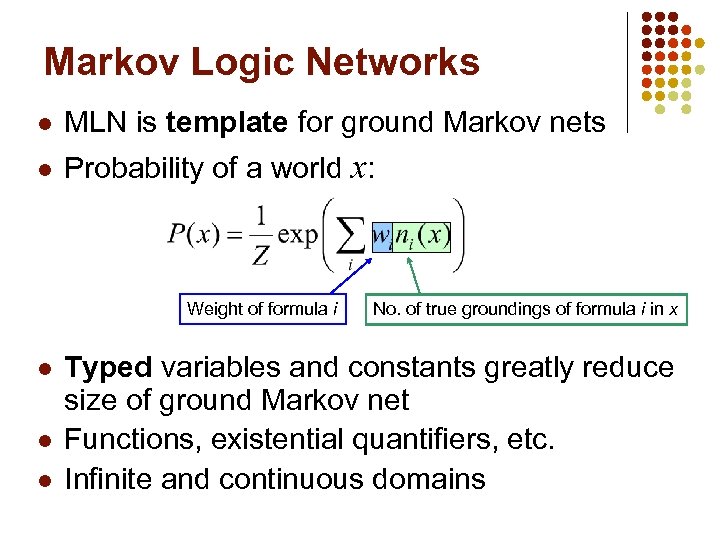 Markov Logic Networks l MLN is template for ground Markov nets l Probability of