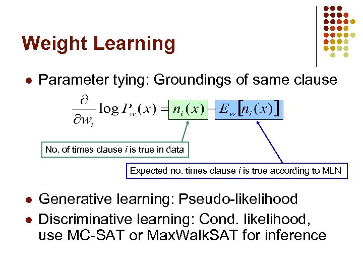 Weight Learning l Parameter tying: Groundings of same clause No. of times clause i