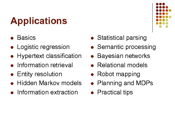 Applications l l l l Basics Logistic regression Hypertext classification Information retrieval Entity resolution