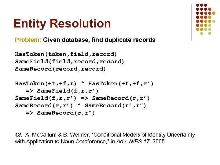 Entity Resolution Problem: Given database, find duplicate records Has. Token(token, field, record) Same. Field(field,