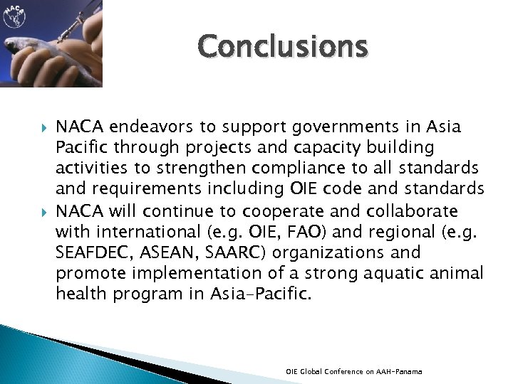 Conclusions NACA endeavors to support governments in Asia Pacific through projects and capacity building