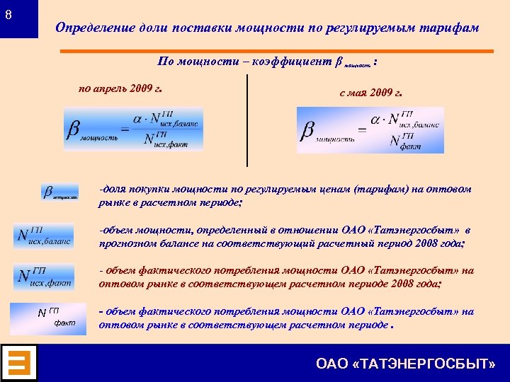 8 Определение доли поставки мощности по регулируемым тарифам По мощности – коэффициент β мощность