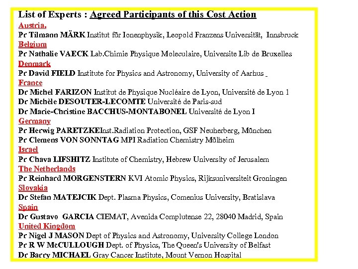 List of Experts : Agreed Participants of this Cost Action Austria. Pr Tilmann MÄRK
