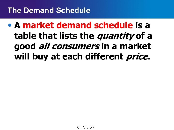 The Demand Schedule • A market demand schedule is a table that lists the