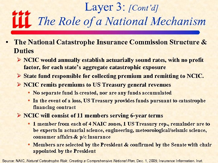 Layer 3: [Cont’d] The Role of a National Mechanism • The National Catastrophe Insurance