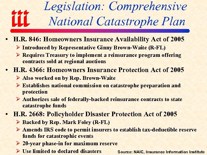 Legislation: Comprehensive National Catastrophe Plan • H. R. 846: Homeowners Insurance Availability Act of