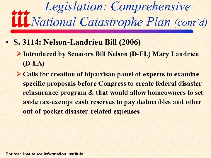 Legislation: Comprehensive National Catastrophe Plan (cont’d) • S. 3114: Nelson-Landrieu Bill (2006) Ø Introduced