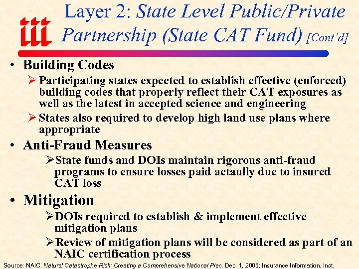 Layer 2: State Level Public/Private Partnership (State CAT Fund) [Cont’d] • Building Codes Ø