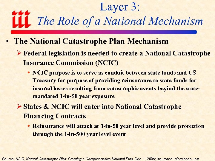 Layer 3: The Role of a National Mechanism • The National Catastrophe Plan Mechanism