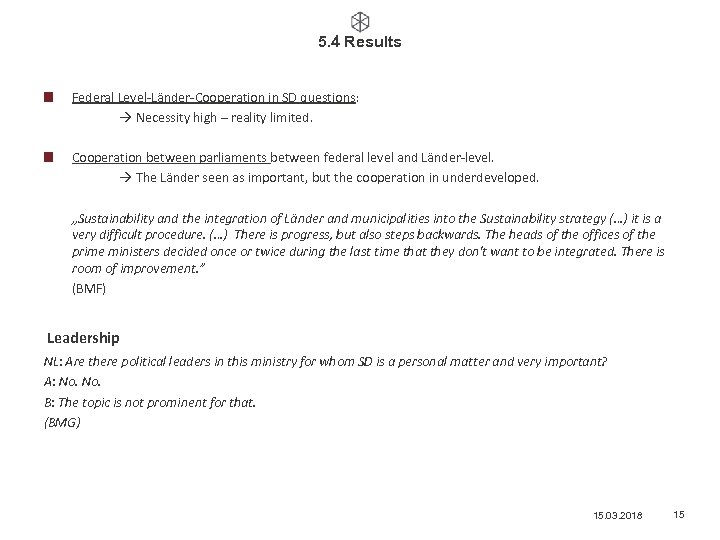 5. 4 Results Federal Level-Länder-Cooperation in SD questions: Necessity high – reality limited. Cooperation
