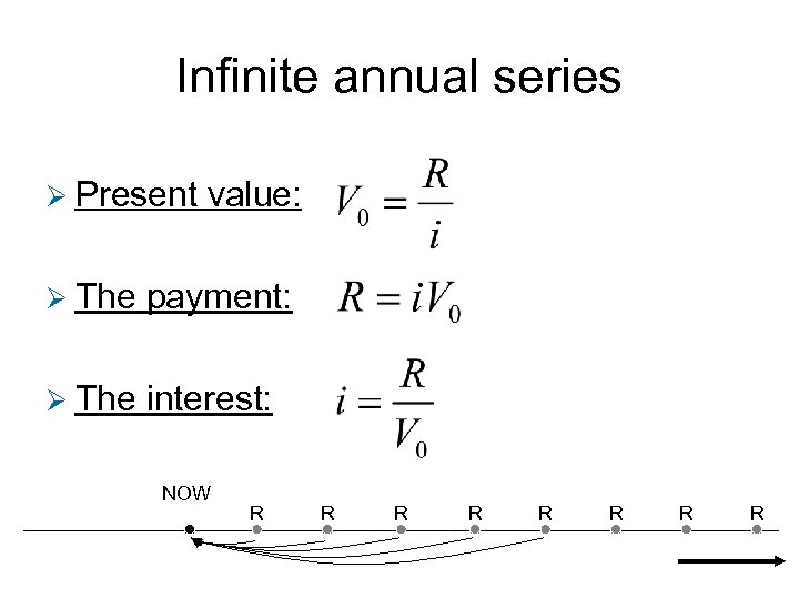 Infinite annual series Ø Present value: Ø The payment: Ø The interest: NOW R