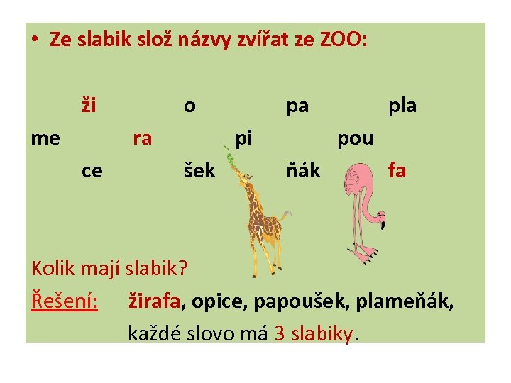  • Ze slabik slož názvy zvířat ze ZOO: ži me o ra ce