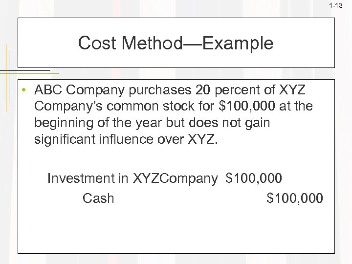 1 -13 Cost Method—Example • ABC Company purchases 20 percent of XYZ Company’s common