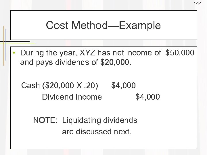 1 -14 Cost Method—Example • During the year, XYZ has net income of $50,