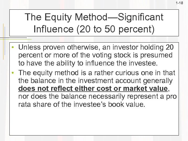 1 -18 The Equity Method—Significant Influence (20 to 50 percent) • Unless proven otherwise,