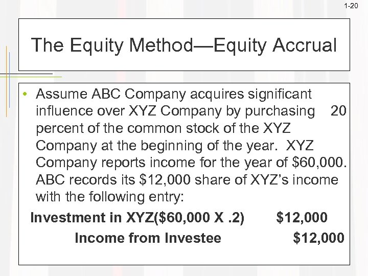 1 -20 The Equity Method—Equity Accrual • Assume ABC Company acquires significant influence over