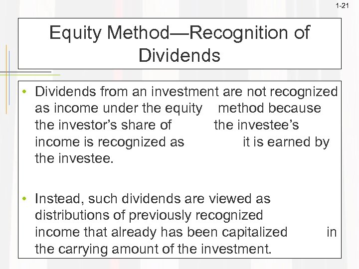 1 -21 Equity Method—Recognition of Dividends • Dividends from an investment are not recognized
