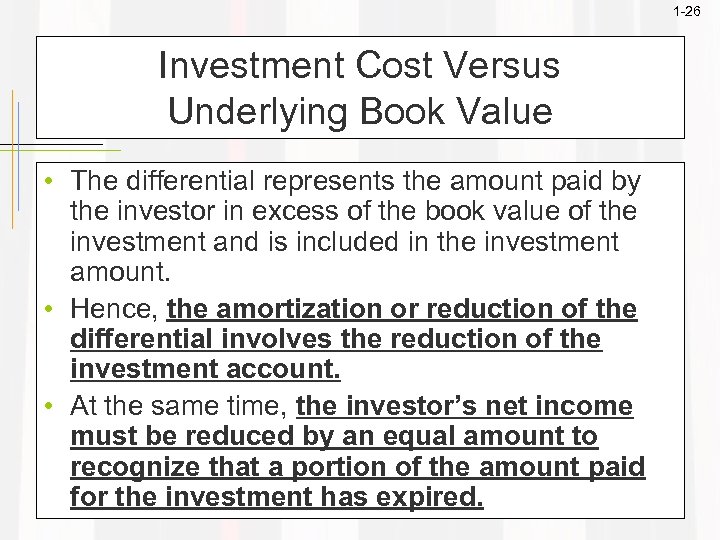 1 -26 Investment Cost Versus Underlying Book Value • The differential represents the amount