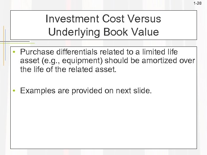 1 -28 Investment Cost Versus Underlying Book Value • Purchase differentials related to a
