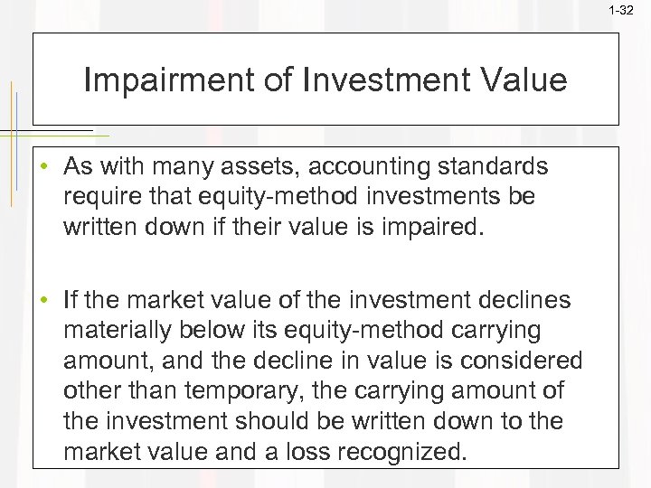 1 -32 Impairment of Investment Value • As with many assets, accounting standards require