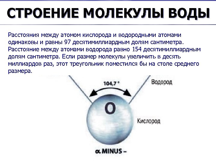 СТРОЕНИЕ МОЛЕКУЛЫ ВОДЫ Расстояния между атомом кислорода и водородными атомами В молекуле воды атомы