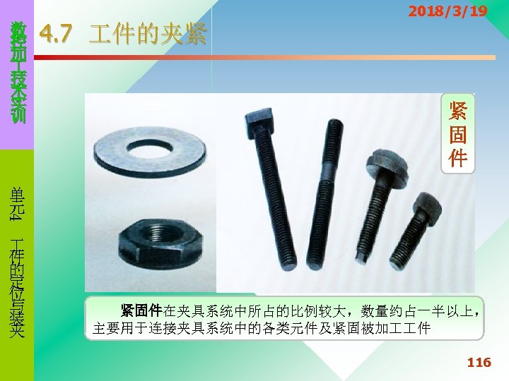 数 控 加 技 术 实 训 4. 7 件的夹紧 2018/3/19 紧 固 件