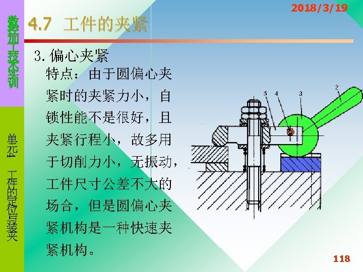 数 控 加 技 术 实 训 4. 7 件的夹紧 2018/3/19 3. 偏心夹紧 特点：由于圆偏心夹