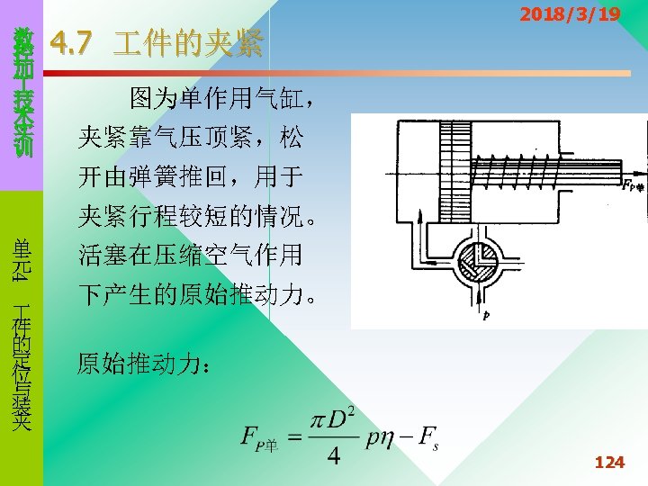 数 控 加 技 术 实 训 4. 7 件的夹紧 2018/3/19 图为单作用气缸， 夹紧靠气压顶紧，松 开由弹簧推回，用于