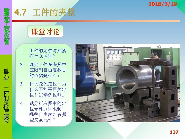 数 控 加 技 术 实 训 4. 7 件的夹紧 课堂讨论 1. 件的定位与夹紧 有什么区别？