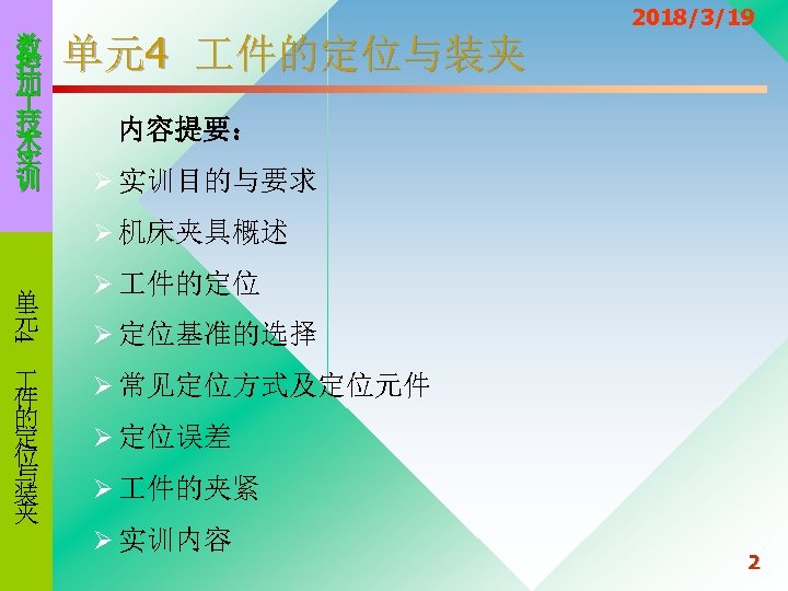 数 控 加 技 术 实 训 单元4 件的定位与装夹 2018/3/19 内容提要： Ø 实训目的与要求 Ø