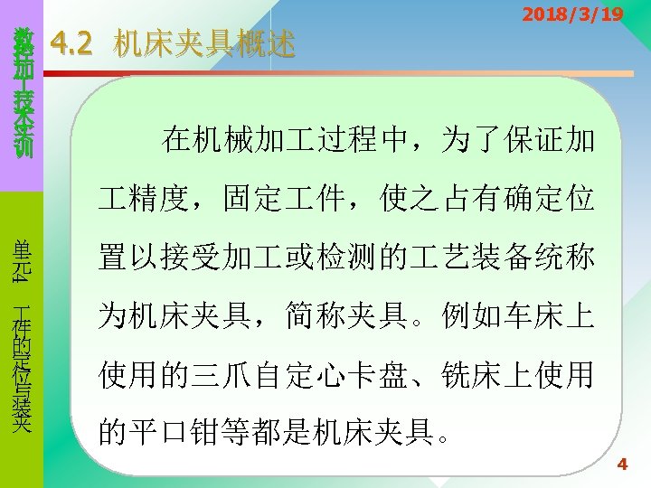 数 控 加 技 术 实 训 4. 2 机床夹具概述 2018/3/19 在机械加 过程中，为了保证加 精度，固定