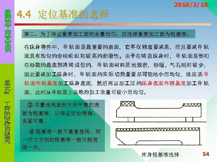 数 控 加 技 术 实 训 2018/3/19 4. 4 定位基准的选择 第二，为了保证重要加 面的余量均匀，应选择重要加 面为粗基准。