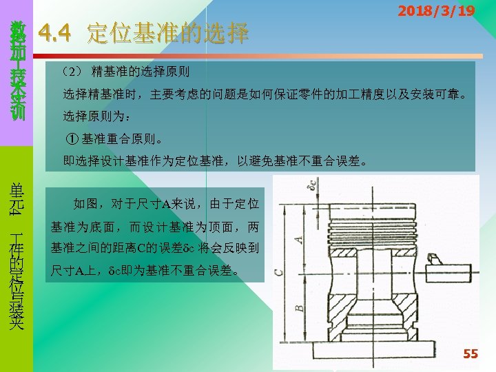 数 控 加 技 术 实 训 4. 4 定位基准的选择 2018/3/19 （2） 精基准的选择原则 选择精基准时，主要考虑的问题是如何保证零件的加
