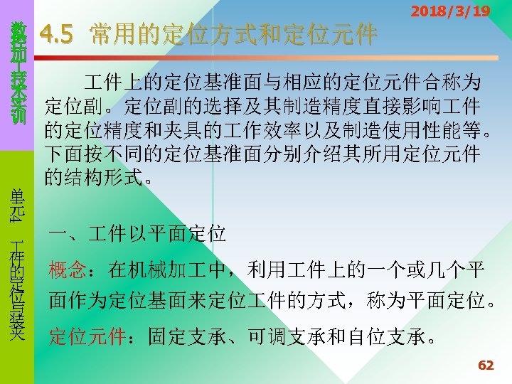 2018/3/19 数 4. 5 常用的定位方式和定位元件 控 加 技 件上的定位基准面与相应的定位元件合称为 术 实 定位副。定位副的选择及其制造精度直接影响 件 训