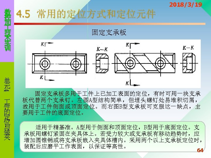 数 控 加 技 术 实 训 4. 5 常用的定位方式和定位元件 2018/3/19 固定支承板 4 单