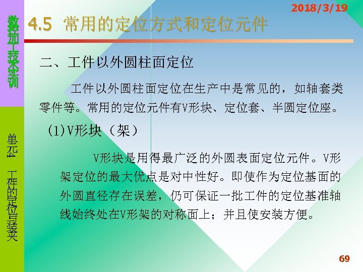 数 控 加 技 术 实 训 4. 5 常用的定位方式和定位元件 2018/3/19 二、 件以外圆柱面定位在生产中是常见的，如轴套类 零件等。常用的定位元件有V形块、定位套、半圆定位座。