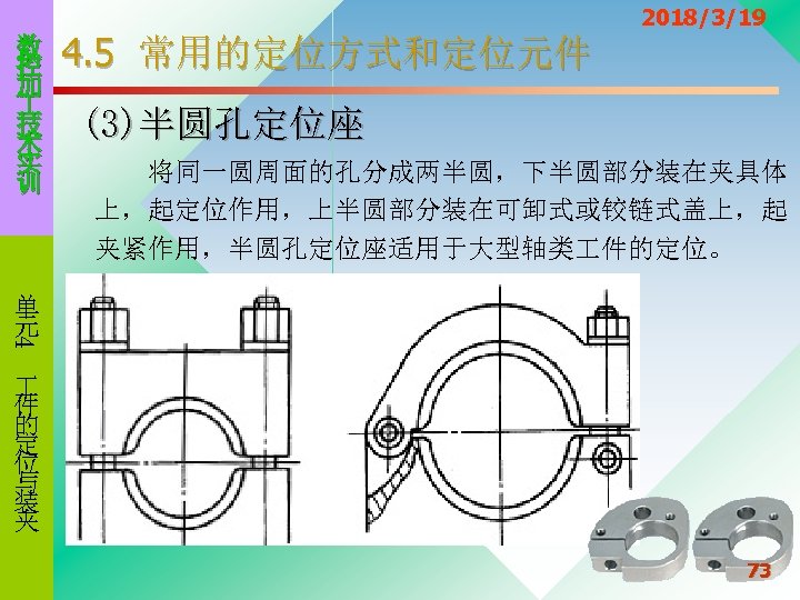数 控 加 技 术 实 训 4. 5 常用的定位方式和定位元件 2018/3/19 (3)半圆孔定位座 将同一圆周面的孔分成两半圆，下半圆部分装在夹具体 上，起定位作用，上半圆部分装在可卸式或铰链式盖上，起