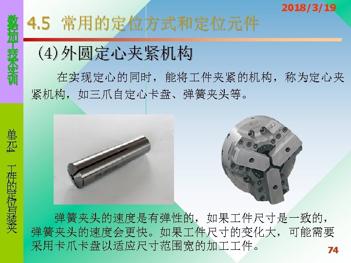 数 控 加 技 术 实 训 4. 5 常用的定位方式和定位元件 2018/3/19 (4)外圆定心夹紧机构 在实现定心的同时，能将 件夹紧的机构，称为定心夹