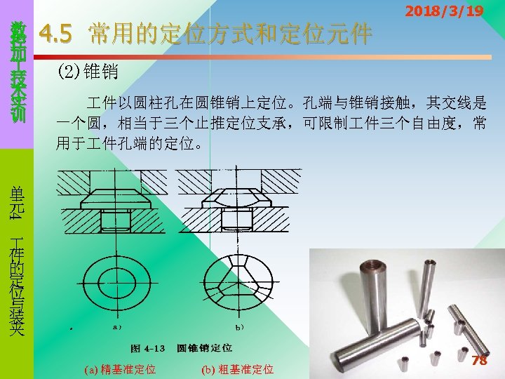 数 控 加 技 术 实 训 4. 5 常用的定位方式和定位元件 2018/3/19 (2)锥销 件以圆柱孔在圆锥销上定位。孔端与锥销接触，其交线是 一个圆，相当于三个止推定位支承，可限制