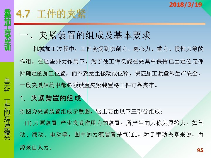 数 控 加 技 术 实 训 4. 7 件的夹紧 2018/3/19 一、夹紧装置的组成及基本要求 机械加 过程中，