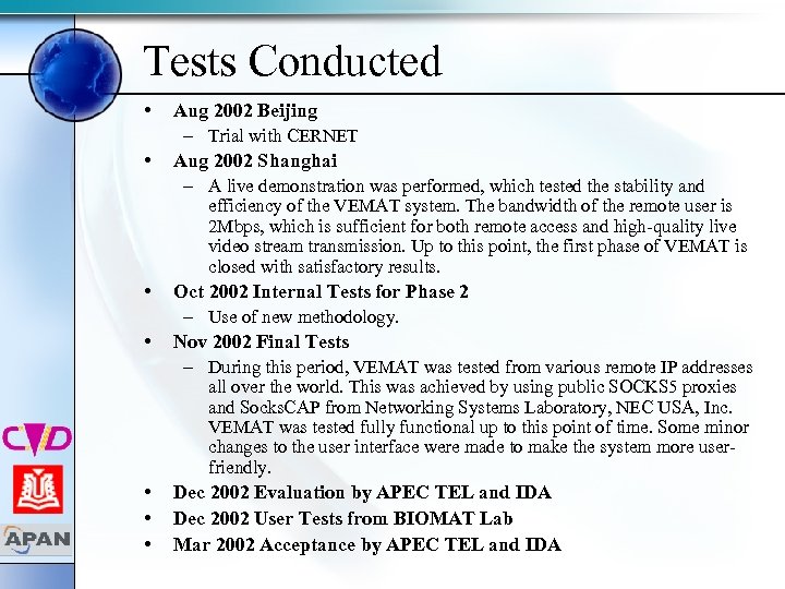 Tests Conducted • • Aug 2002 Beijing – Trial with CERNET Aug 2002 Shanghai