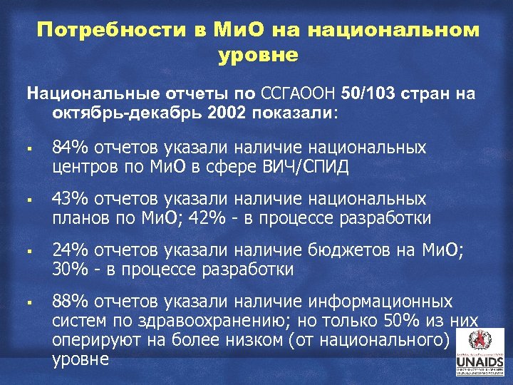 Потребности в Ми. О на национальном уровне Национальные отчеты по ССГАООН 50/103 стран на