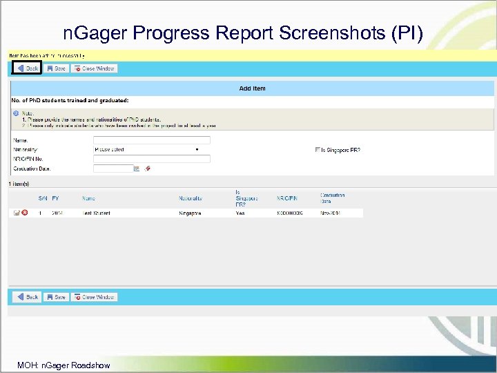 n. Gager Progress Report Screenshots (PI) MOH: n. Gager Roadshow 