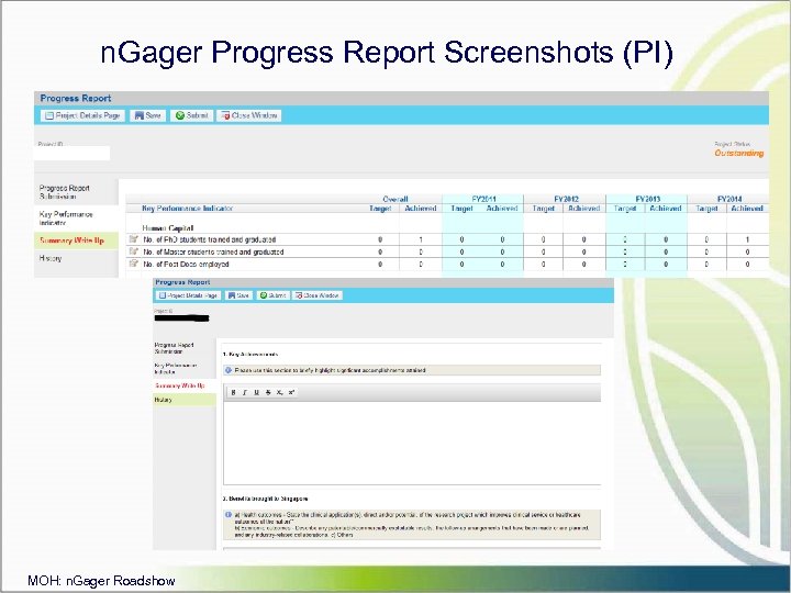 n. Gager Progress Report Screenshots (PI) MOH: n. Gager Roadshow 