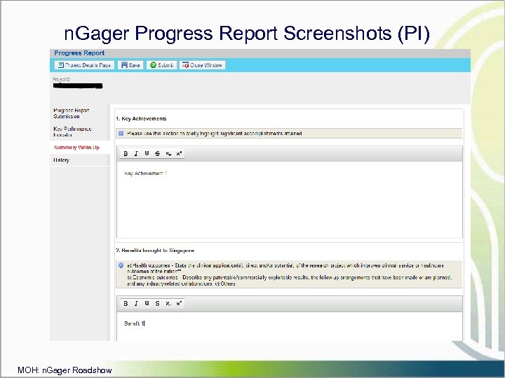 n. Gager Progress Report Screenshots (PI) MOH: n. Gager Roadshow 