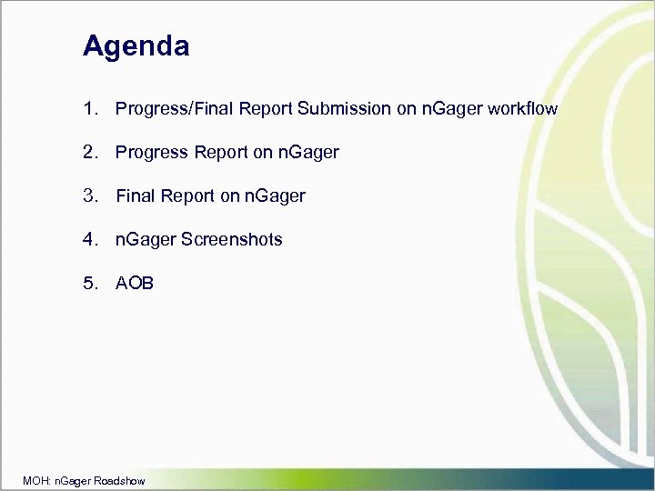 Agenda 1. Progress/Final Report Submission on n. Gager workflow 2. Progress Report on n.