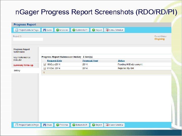 n. Gager Progress Report Screenshots (RDO/RD/PI) 