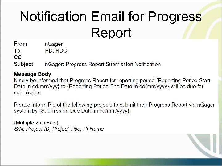 Notification Email for Progress Report 