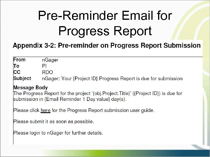 Pre-Reminder Email for Progress Report 