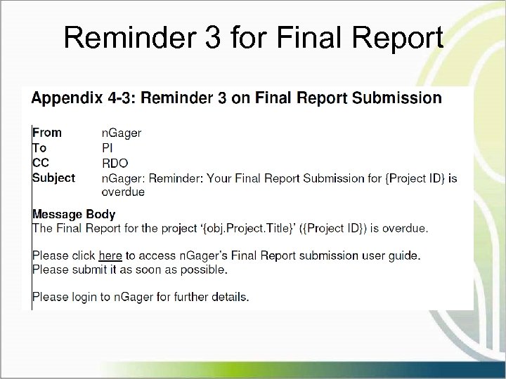 Reminder 3 for Final Report 